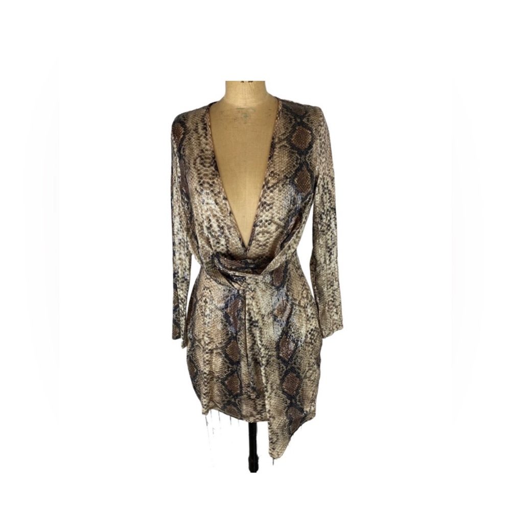 MissGuided Python Sequin Deep V-Neck Mini Dress Size 6
